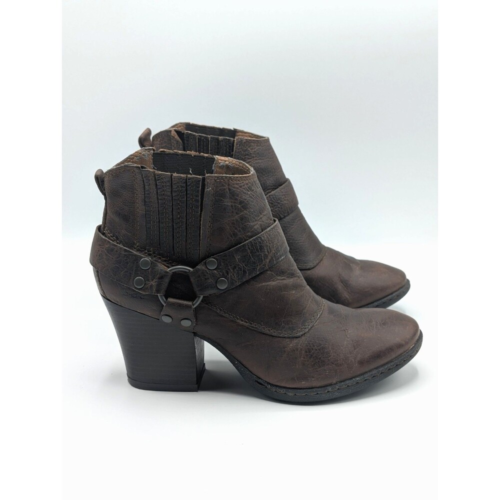 B.O.C Ankle Boots Women 8 Brown Leather Harness Block Heel Ring Buckle Strap